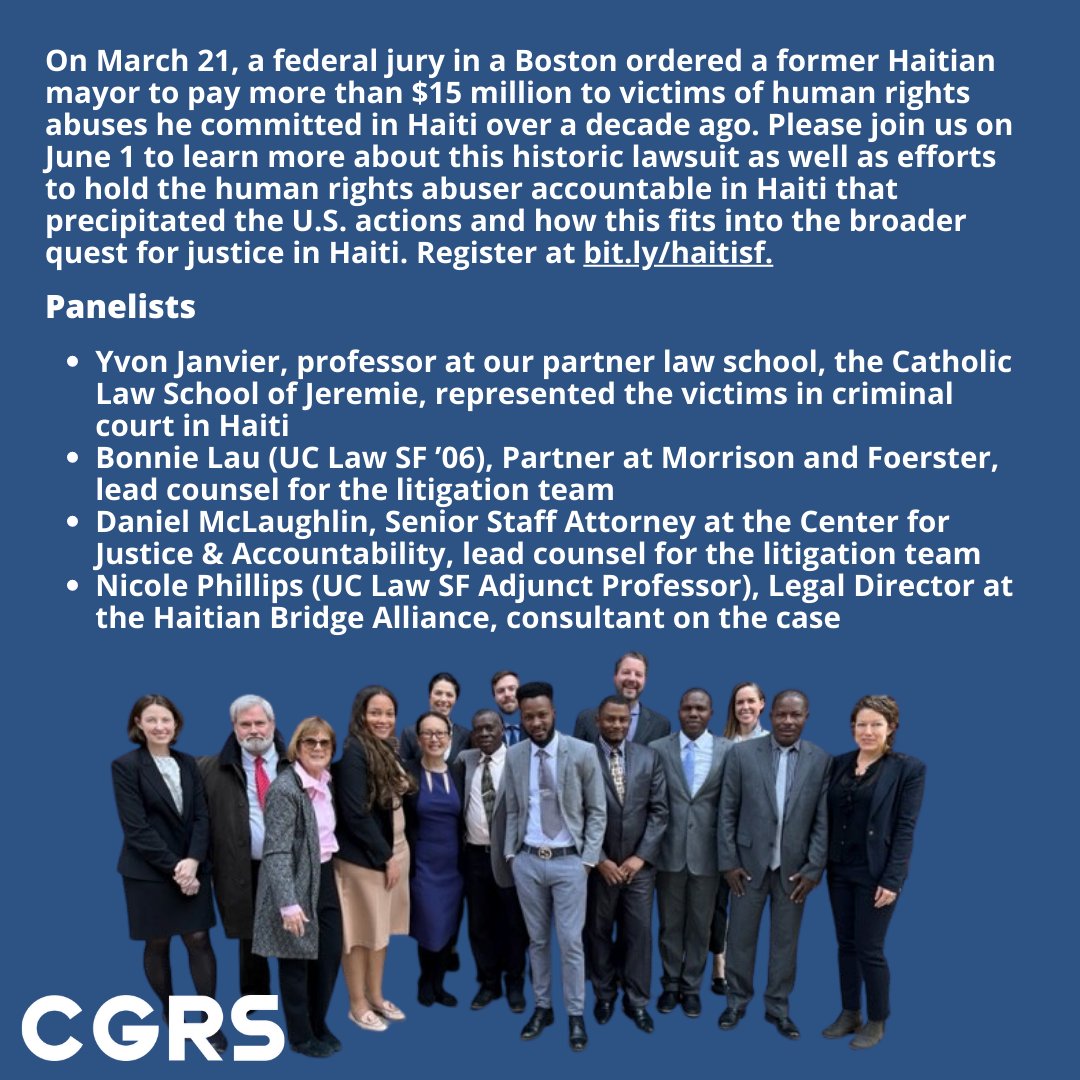 🇭🇹Join CGRS, @HaitianBridge, and @CJA_News next week to celebrate a recent human rights victory and discuss the broader quest for justice in Haiti! Register 👉bit.ly/haitisf (Remote Zoom option available!)