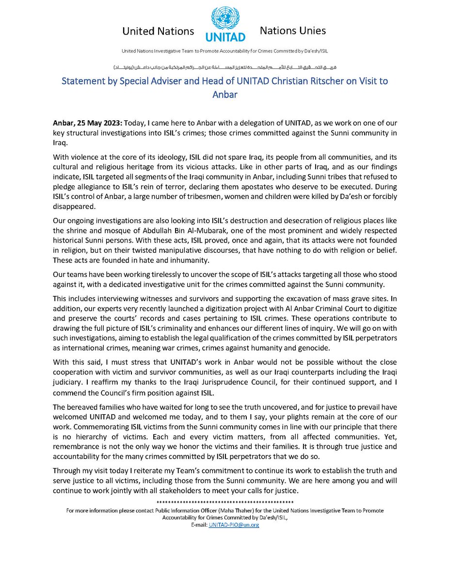 UNITAD_Iraq's tweet photo. Statement by Special Adviser and Head of UNITAD Christian Ritscher on Visit to #Anbar.  

Full statement 👉https://t.co/ZcztviEwPY https://t.co/fRg3wkRUKY