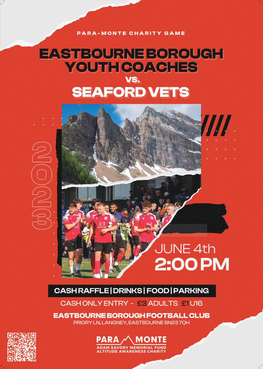 CHARITY MATCH!!!

On June 4th our wonderful Men's Vets team will be taking on Eastbourne Borough Youth Coaches in support of Para Monte... A charity promoting awareness for altitude related illness!

Follow the link for more info:
justgiving.com/crowdfunding/a…

#UpTheTown