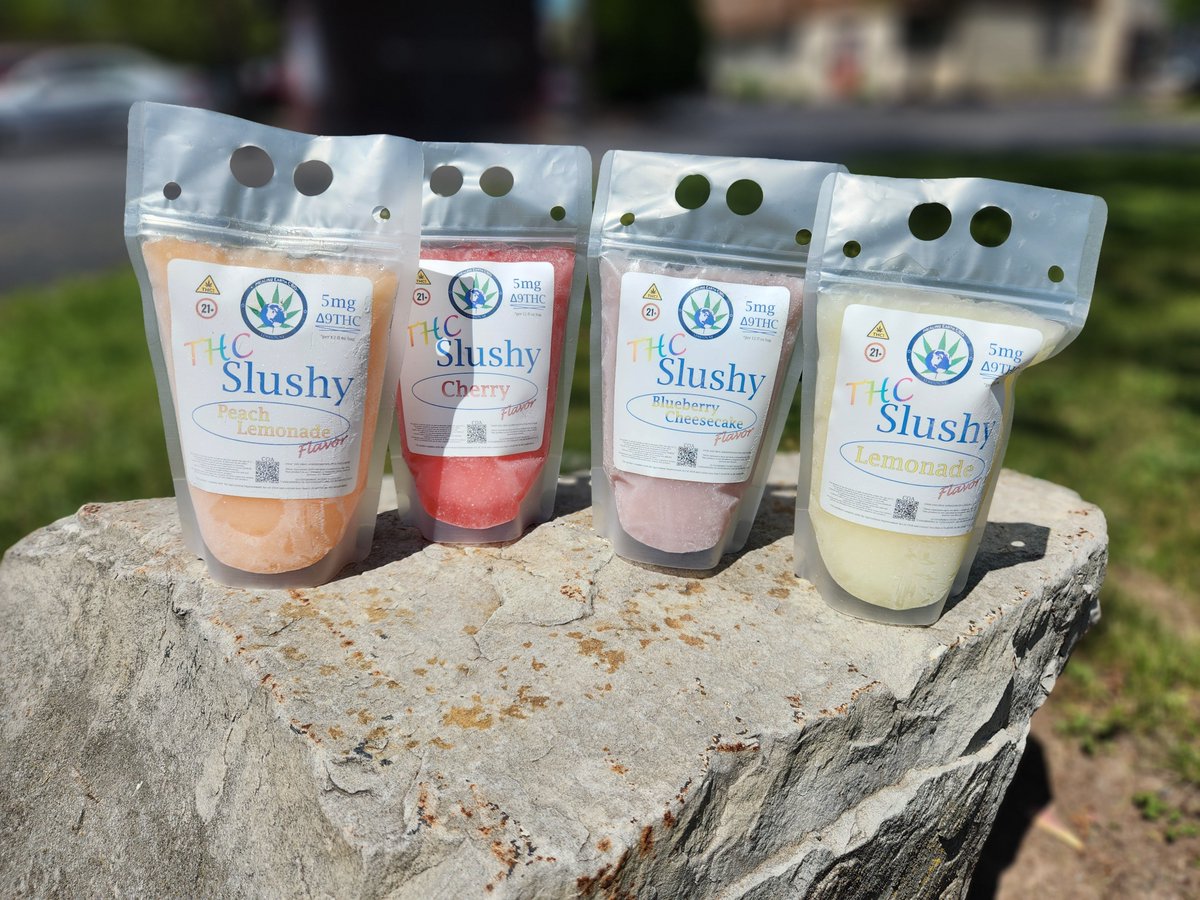 HealingEarthCBD's tweet photo. NEW! For #MemorialDay &amp; #summer. 5mg Δ9THC Slushies in 4 delicious flavors. *All products comply with the Agricultural Improvement Act of 2018 &amp; contain less than 0.3% Δ9THC by dry weight basis. #cbd #hemp #thclife #blueberry #cheesecake #cherry #lemonade #peach #boozefree #Buzz https://t.co/n8AK6BbSfj