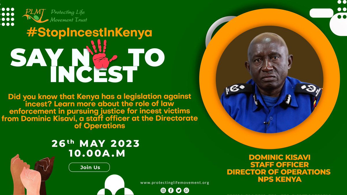Are you victim of Incest or do you know someone who has been a victim? Join <a href="/Protecting_Life/">PROTECTING LIFE MOVEMENT TRUST</a> and <a href="/NPSOfficial_KE/">National Police Service-Kenya</a> as we learn the connection between law enforcement and sexual offences including #GBV 
#stopincest
#gvrc
#StopIncestInKenya
#BreaktheSilence
#SpeakUp
<a href="/tobiasolekina/">Tobias Nauruki™</a>