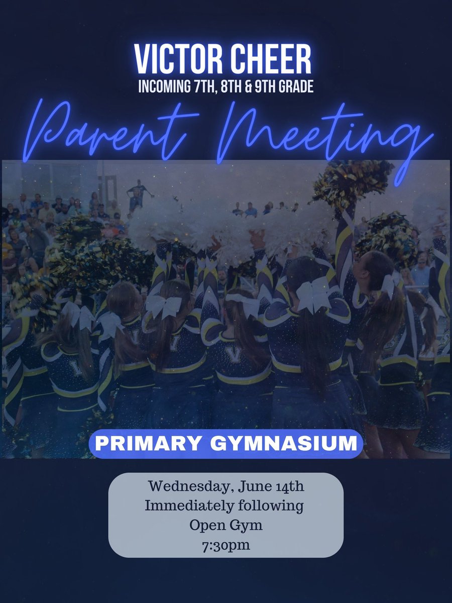 🚨 Attention all incoming 7th, 8th &amp; 9th grade cheer families! NEW &amp; RETURNING!

💙 You can meet our staff if you have not already, go over the remaining summer calendar, learn about Fall season, talk about our new Mod Cheer Camp, and answer any questions you may have!