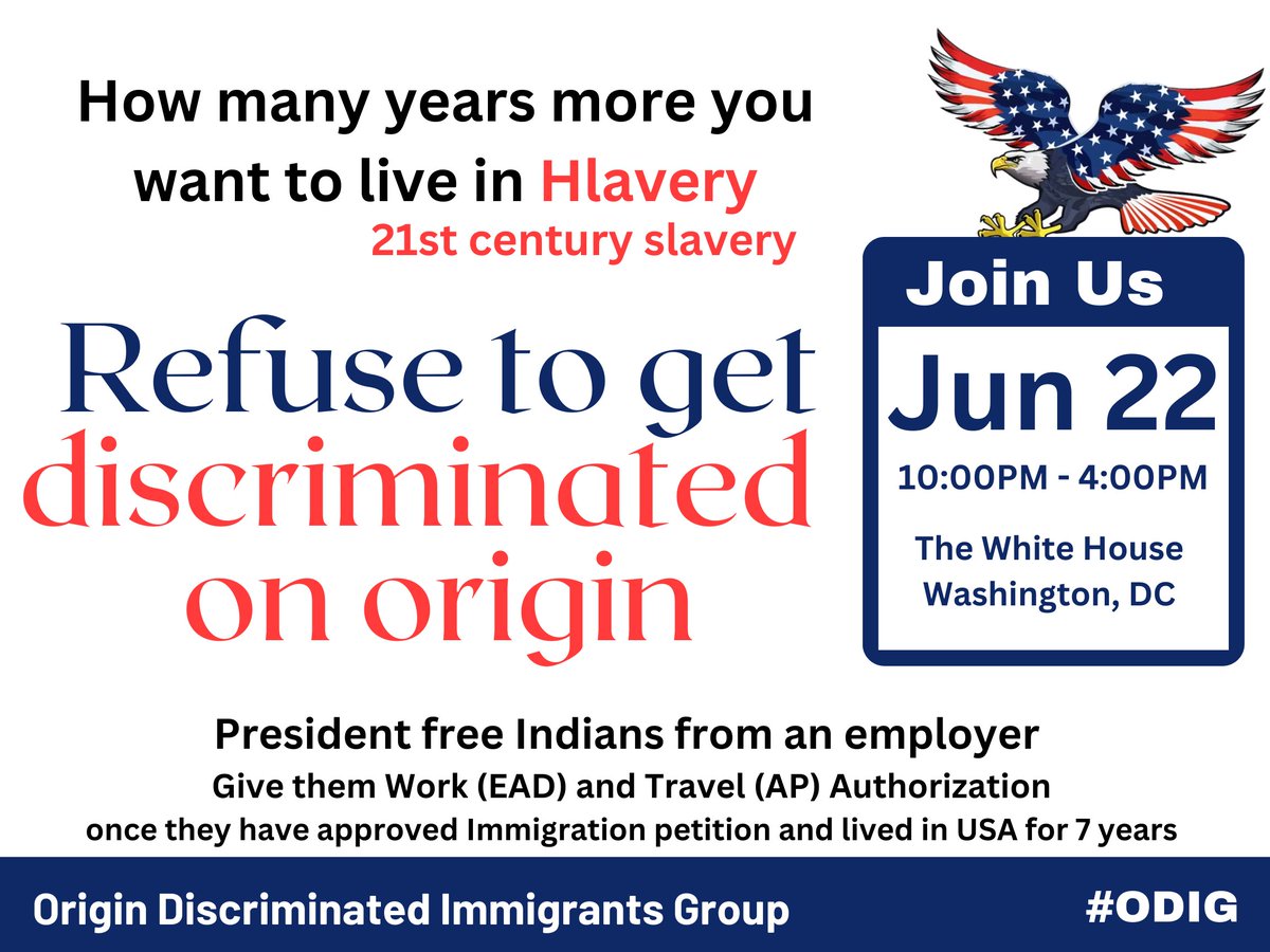 @narendramodi coming to #TheWhiteHouse on June 22. 
Join us to tell @POTUS and @VP, how #Indians are #discriminated by keeping them on #Hlavery for decades as they came from big and populous country . 
#StopDisciminationOnNationalOrigin

#gcbacklog #RacistUSAImmigrationLaw