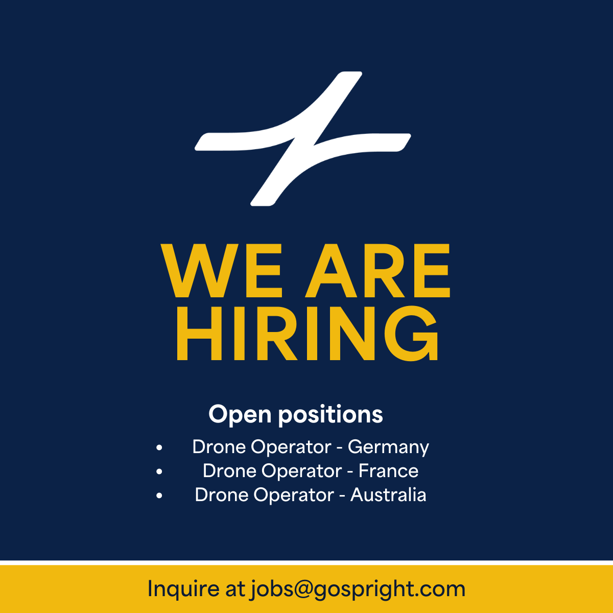 We’re currently expanding and looking for experienced operators in Germany, France and Australia to join our team! Inquire today at jobs@gospright.com.

#uas #dronejobs #droneoperator