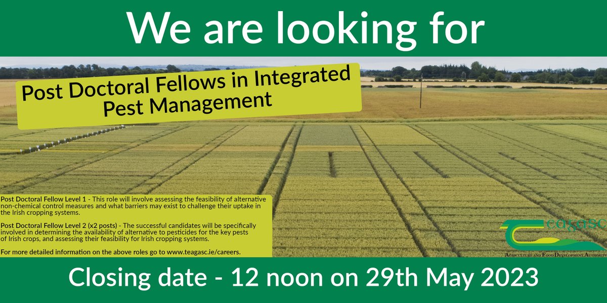 We are looking for Post Doctoral Fellows in Integrated Pest Management.  If you are interested in one of these roles, go to teagasc.ie/careers for more detailed information and how to apply.  #jobfairy #jobopportunity #teagasc