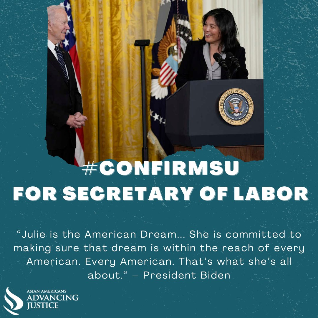 NelpNews's tweet photo. We at NELP know that Julie Su is the most qualified and best choice to be our next Secretary of Labor. Join us in urging our Senators to move forward with speedy nominations hearings and confirmation process! #ConfirmJulieSuNow https://t.co/yRFZiiwSy4