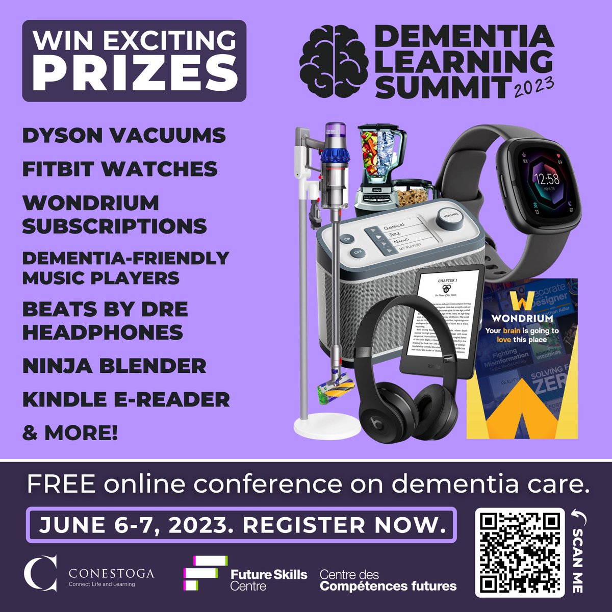 There are several chances to WIN some exciting prizes like <a href="/AmazonKindle/">Kindle</a> eReader, <a href="/beatsbydre/">Beats by Dre</a> headphones, <a href="/fitbit/">fitbit</a> watches, and more at our DementiaLS23 - a FREE #OnlineConference on June 6-7, 2023. Register today: tinyurl.com/mrcrmk6y #ConestogaCRADLE #DementiaLS23 <a href="/fsc_ccf_en/">Future Skills Centre</a>