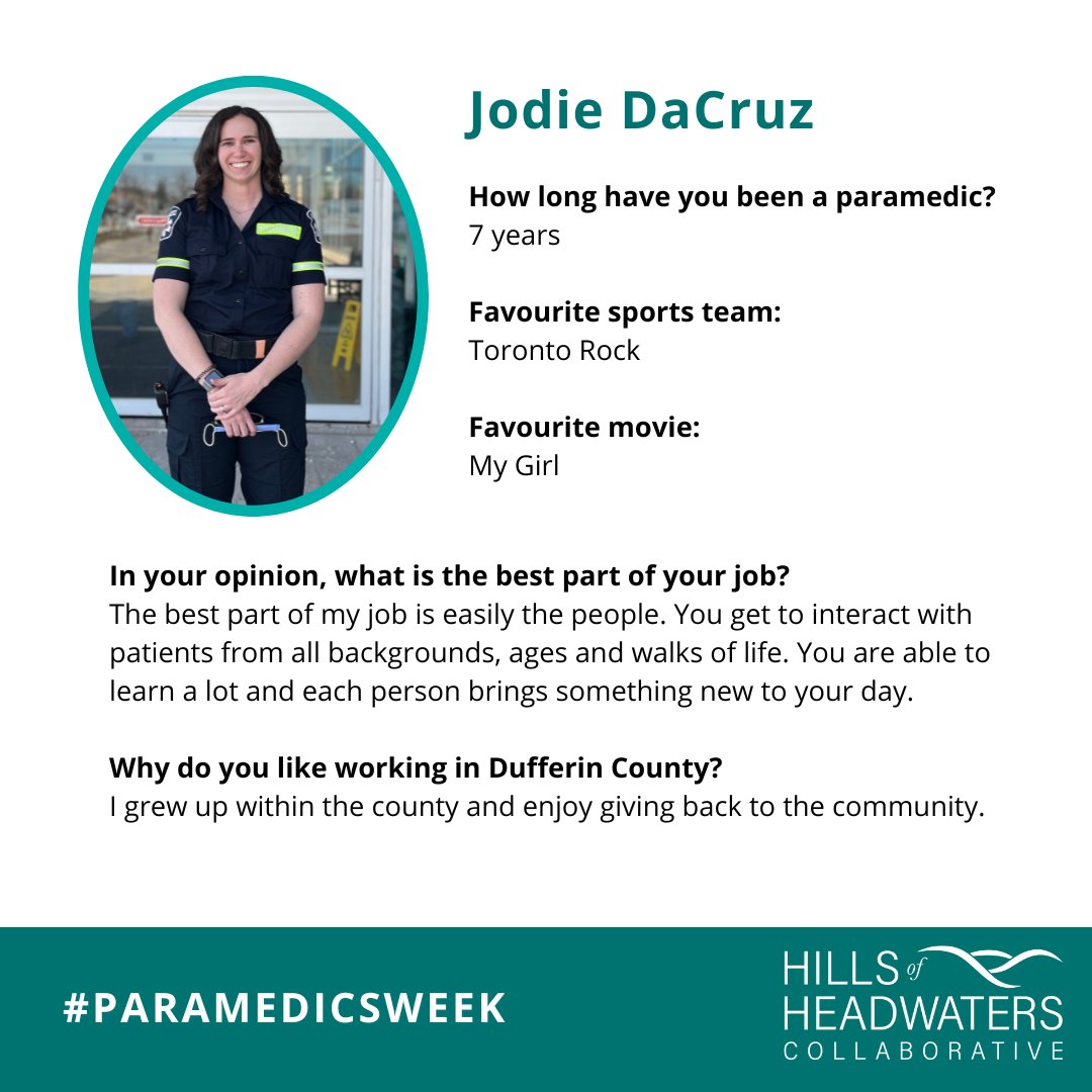 Jodie DaCruz says the best part of being a paramedic in @DufferinCounty is easily the people, 'You get to interact with patients from all backgrounds, ages and walks of life. You are able to learn a lot and each person brings something new to your day.' 🚑 #OntarioHealthTeam