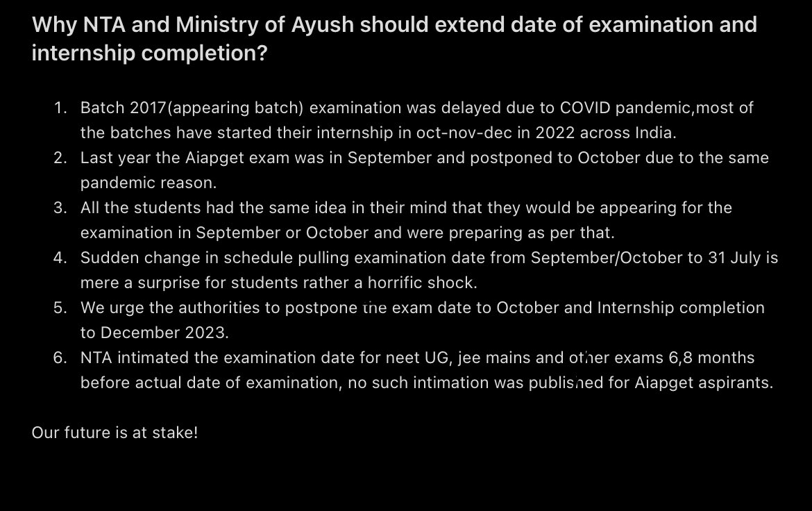 In Regards with extending date of examination Aiapget 2023 and date of completion of Internship.
#postpone_aiapget2023

@DG_NTA  @moayush  @PMOIndia  @vaidyakotecha @secymoayush @sarbanandsonwal @ncism_india @DrMunjparaBJP