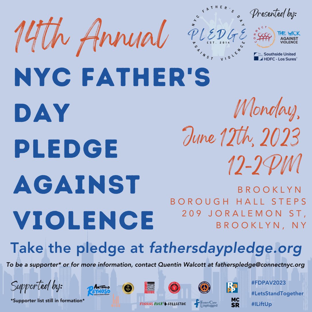 It’s that time again. Let’s take the Father’s Day Pledge Against Violence together on Brooklyn Borough Hall Steps on Monday, June 12th at 12pm!
DM <a href="/quentinwalcott/">Quentin Walcott</a> for more info and/or to be a supporter.
#fdpav #fdpav2023