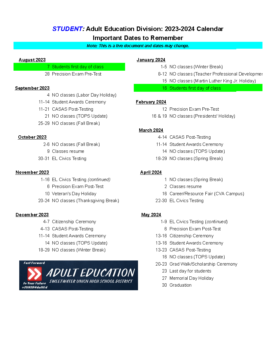 Our new STUDENT calendars for 2023-2024 have been published. All of classes are free and begin on Monday, August 7, 2023. Register today! #SUHSDAdultEd #fastforwardtoyourfuture #AdultEducation #AdultEdu #AdultEd