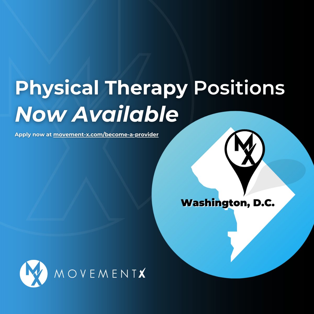 We're looking for more physical therapists in Washington, D.C. to support our growing network.

Looking to take your PT career to the next level? Click to learn more about joining MovementX.

movement-x.com/become-a-provi…

#JoinTheMovement