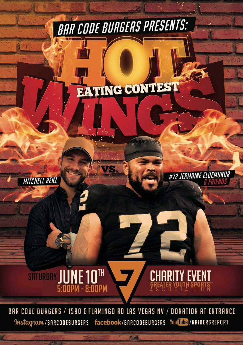 Hey #RaiderNation save the date! Saturday, June 10th at 5pm - @TheMainShow_ will be losing in a competitive wing eating contest @BarCodeBurgers! Other Raiders & NFL players will be in attendance + several Raiders content creators like: @RaiderCody @GraphkRaider @JeremyChuggs…
