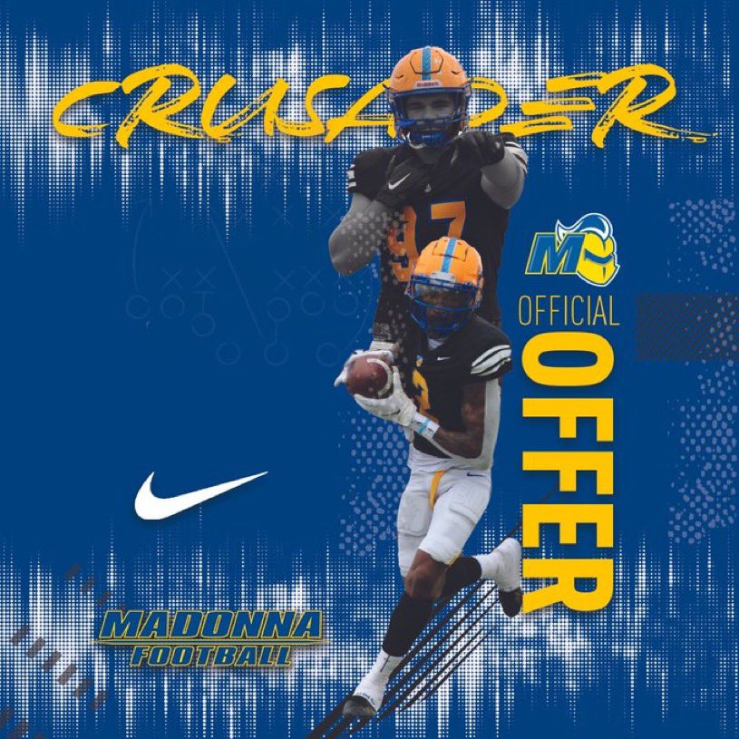 After a talk with <a href="/Coach_Griffin32/">Kevin Griffin</a> i’m excited to announce I have received an offer to play football at the next level from <a href="/MUCrusadersFB/">Madonna Football</a>!! <a href="/CoachBradClark/">Brad Clark</a> <a href="/TrePorter5/">Tre Porter</a> <a href="/JakeCorbin/">Jake Corbin</a>
