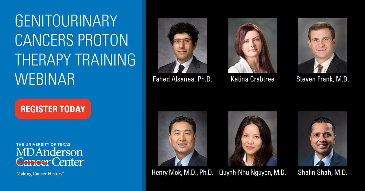 UTMDAnderson's tweet photo. Learn about proton therapy for genitourinary cancers from our experts at the MD Anderson Proton Therapy Center. 

Join our virtual webinar on Friday, June 2. https://t.co/Qc1BSxjtM2  @SJFrankMD @BrandonGunn @ShalinJShahMD @RolaGeorges #ProtonTherapy #EndCancer https://t.co/x2SaKkcF0N