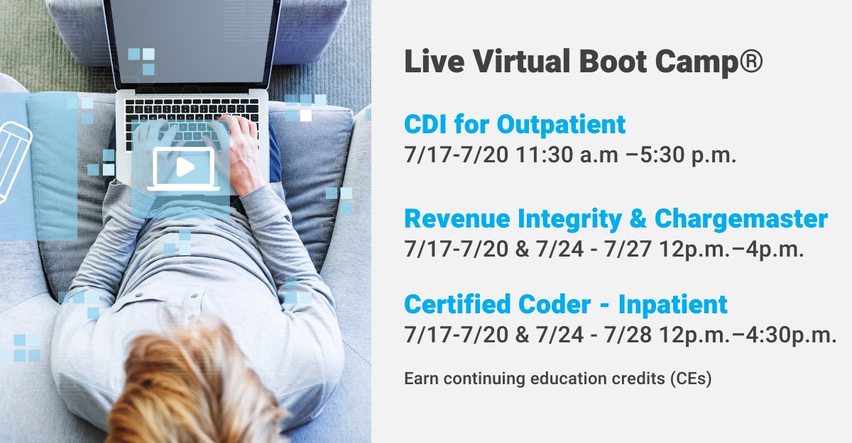 HCPro_Inc's tweet image. Check out our upcoming virtual Boot Camps featuring training on #outpatientcdi (bit.ly/3xoLJS4), #revenueintegrity (bit.ly/3xpO94H) and #inpatientcoding (bit.ly/3jxcmOD)