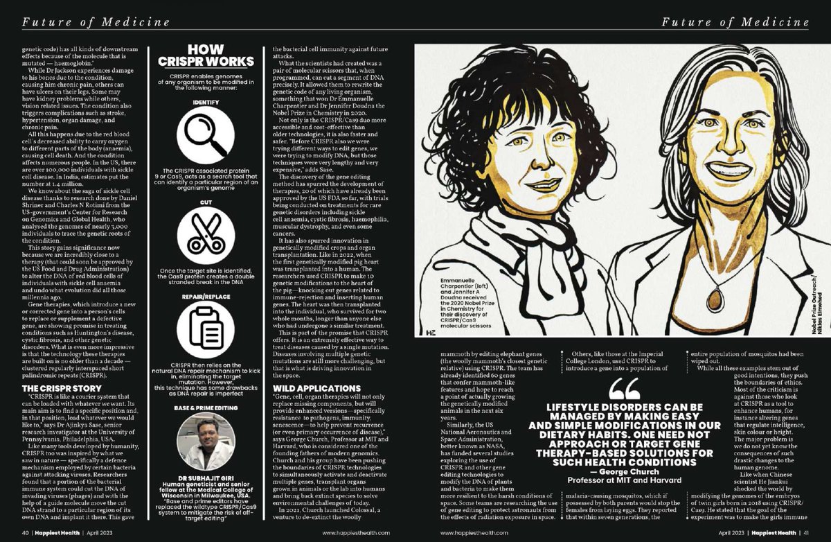 Subhaji95222084's tweet image. A bit late update, but I am happy to share my two cents covered by Happiest Health magazine, April 2023 issue discussed the emergence of CRISPR-based gene editing as a life-saving therapeutic option. 
#cancer #geneticdisease #neurodevelopmentaldisorder.