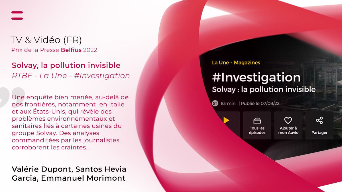 Lauréats #Prixdelapresse Belfius "TV &amp; Vidéo (FR)" : Valérie Dupont, Santos Hevia Garcia et Emmanuel Morimont avec "Solvay, la pollution invisible" (RTBF - La Une - #Investigation)
Félicitations Valérie Dupont, Santos Hevia Garcia, <a href="/EMorimont/">Emmanuel Morimont</a> et <a href="/RTBF/">RTBF</a> !