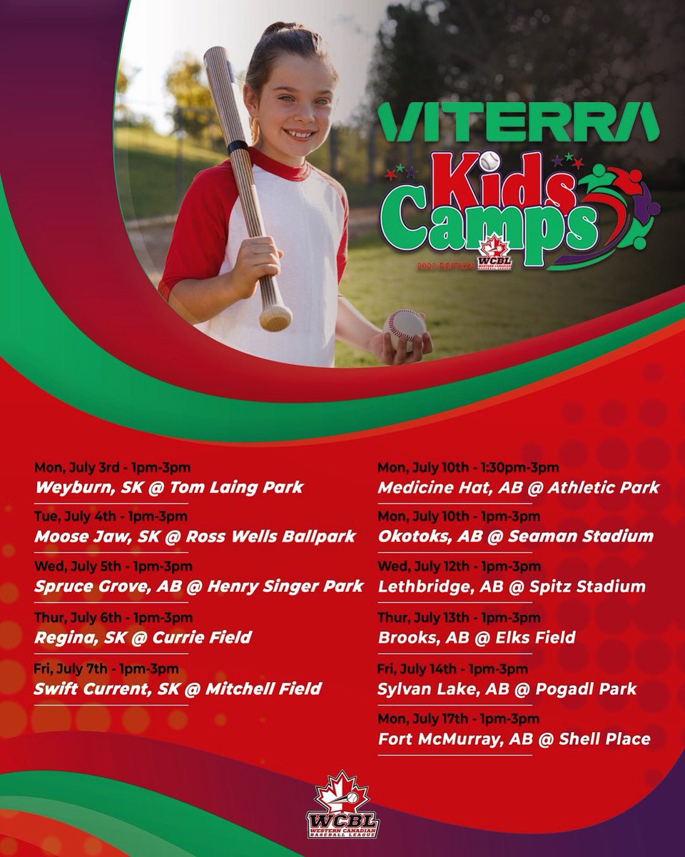 We are excited to announce the official launch of the inaugural Viterra Kids Camp. 

Check out the dates and register at: 
…kets.westerncanadianbaseballleague.ca

 #PlayInOurPark #ViterraKidsCamp #Summer2023 #WCBL