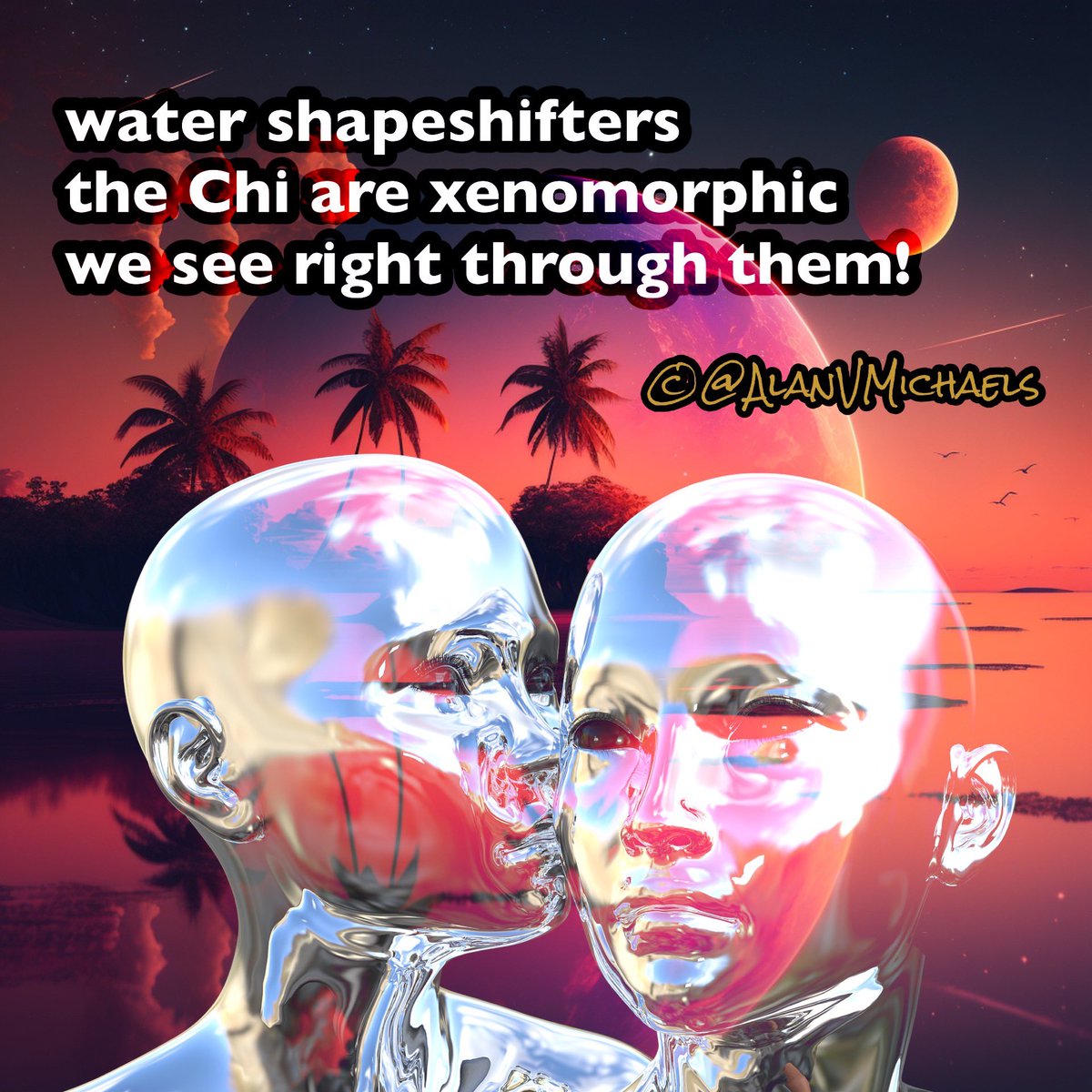 water shapeshifters
the Chi are xenomorphic
we see right through them!

#SciFiFri theme #water (05-26)
#HaikuChallenge #xenomorphic  (05-26)
#SciFi
#PoetryCommunity
#WritingCommunity
📷 Pixabay | PBarlowArt (ETs) + MVStudio (background) (modified montage)