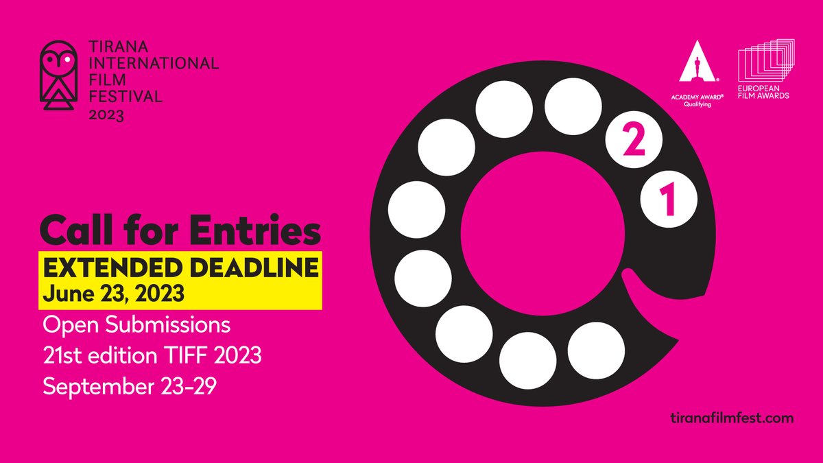LAST CALL for the entries - EXTENDED DEADLINE 23 June
21st edition of Tirana International Film Festival 2023!
Oscar®, Student Academy Awards® &amp; European Film Awards qualifying.
tiranafilmfest.com <a href="/FilmFreeway/">FilmFreeway</a>