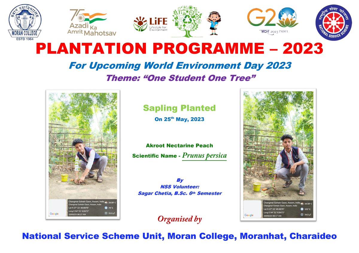 nssmorancollege's tweet photo. Under "One Student one tree" Plantation program-2023 initiated by NSS Unit,Moran College. Today 25th May, 2023 NSS Volunteer Sagar Chetia one sapling planted at his home.
@nss_rdguwahati @_NSSIndia @pankajsinghips @NSSCellDU @CMOfficeAssam @YASMinistry https://t.co/UUzNs1UDeQ