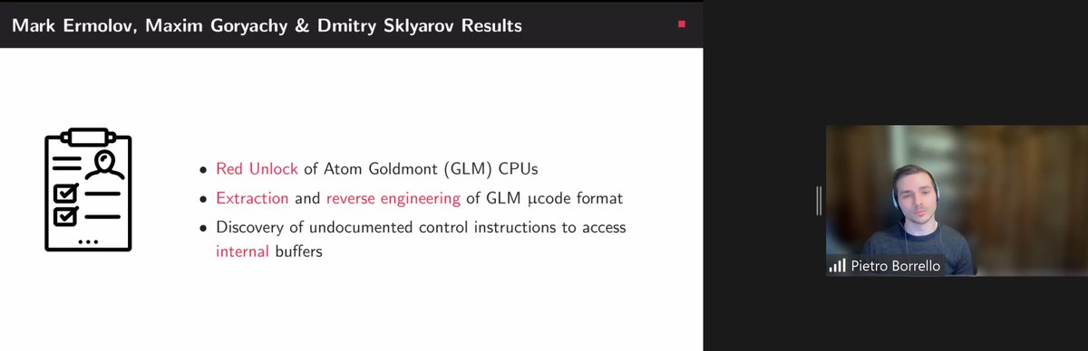 Session 2: 1st part!

"The Ghost Is The Machine: Weird Machines in Transient Execution"

"Cryo-Mechanical RAM Content Extraction Against Modern Embedded Systems"

"CustomProcessingUnit: Reverse Engineering and Customization of Intel Microcode" <a href="/borrello_pietro/">Pietro Borrello</a>, <a href="/cat_easdon/">Cat Easdon</a>