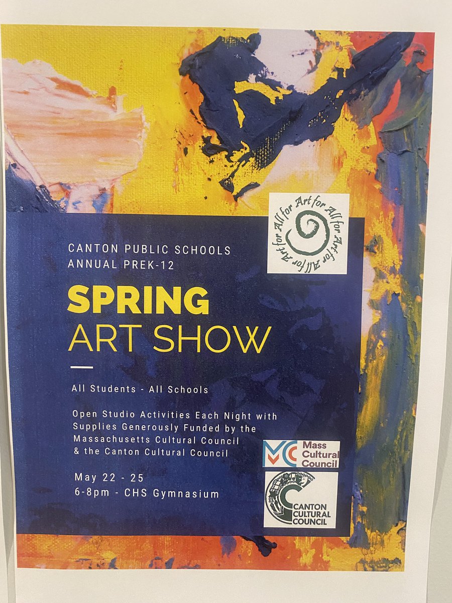 Don’t miss out! Tonight is the last night of the Spring Art Show + Open Studios from 6-8PM in the CHS gym. Many thanks to the Canton Cultural Council &amp; the Mass Cultural Council who have provided funding for our Open Studio materials.