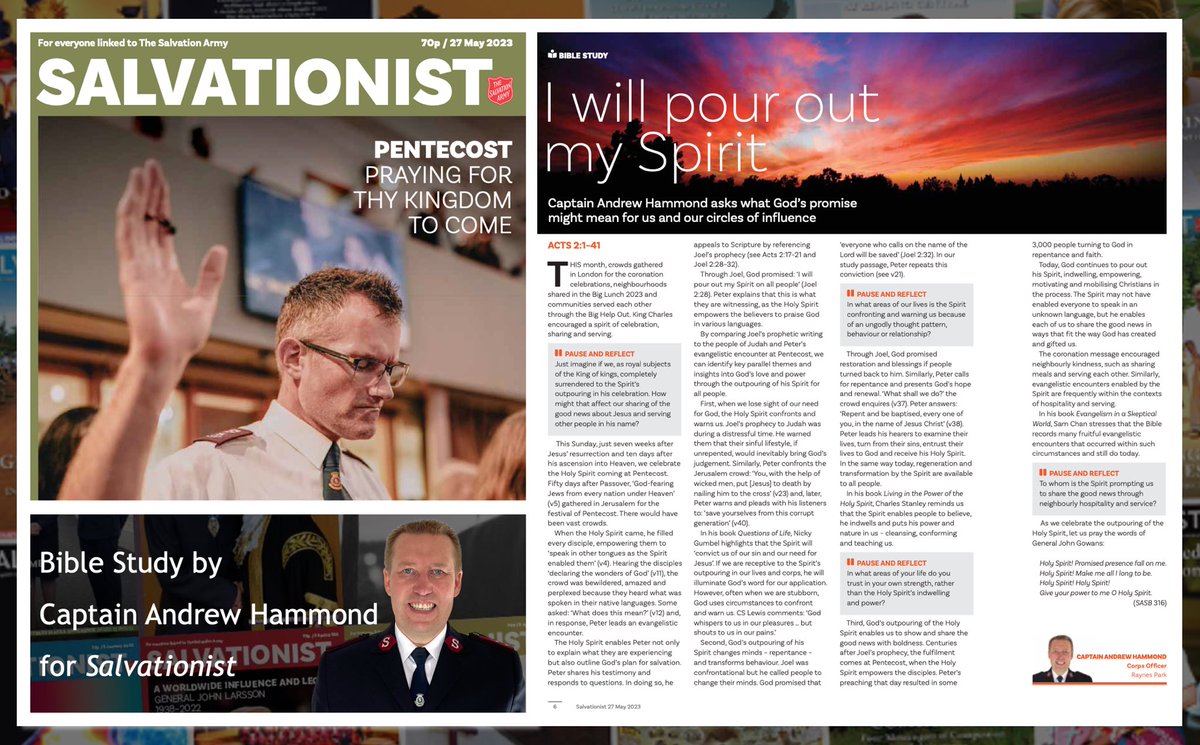 In this week’s edition (27 May) of Salvationist, opportunities for us to share the Gospel in light of Pentecost are explored. This includes a Bible study written by one of our Salvation Army Officers, here in Raynes Park. issuu.com/salvationarmyu… #thesalvationarmy