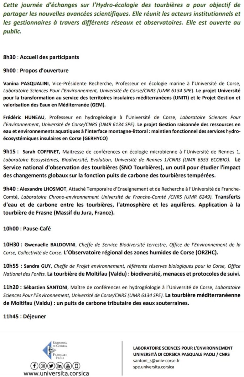 A vos agendas! Journée d'échanges sur l'#hydro #écologie des #tourbières le 13 juin 2023 Campus Grimaldi salle 404 <a href="/UnivCorse/">Università di Corsica</a> dans le cadre des projets ANR PIA4 #UNITI et #GERHYCO, et de la 7e plateforme Recherche-Gestion de l'#ORZHC de l'<a href="/oecorse/">OEC</a> <a href="/CNRS_dr12/">CNRS Provence et Corse</a> <a href="/Lab_SPE/">Laboratoire SPE</a>