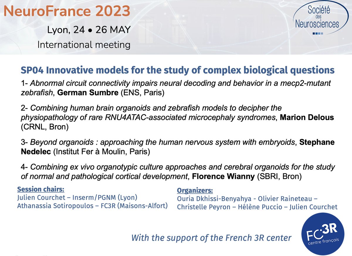 We had a strong session on innovative models: from zebrafish to organoids, today at #NeuroFrance2023
Impressive talks by our speakers. The session was opened by @SAthanassia @FrenchCenter3R