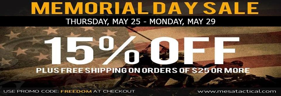 Memorial Day Appreciation Sale, starting Thursday, May 25th through Monday, May 29th, take advantage of coupon code FREEDOM to receive 15% off storewide PLUS free shipping on orders over $25.00. Sale ends Monday, May 29th at midnight. Thank you to all veterans and those serving!