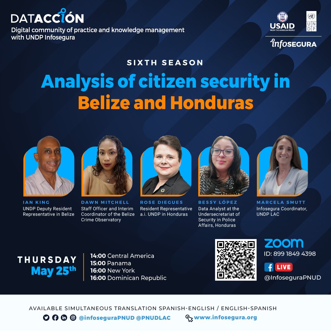 InfoseguraPNUD's tweet photo. Today. Episode Four of #SeasonSix of the #DATACTION Community of Practice.
We’re going to talk about the state of #Citizen Security in Belize and Honduras.
Register here: https://t.co/0gUsC5hKdP
@BelizeUNDP @PNUDLAC https://t.co/xgUpGeFiG5