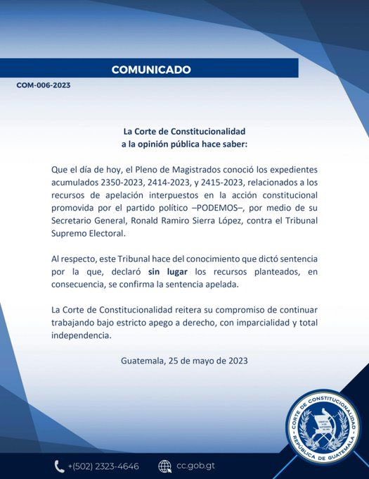 ROTUNDO NO PARA ROBERTO ARZÚ

Después de pautar descaradamente publicidad en redes sociales y con ello violentar la legislación electoral, el TSE dejó fuera a Roberto Arzú; hoy la CC deniega a Arzú los recursos planteados para revertir la decisión del Tribunal Electoral.