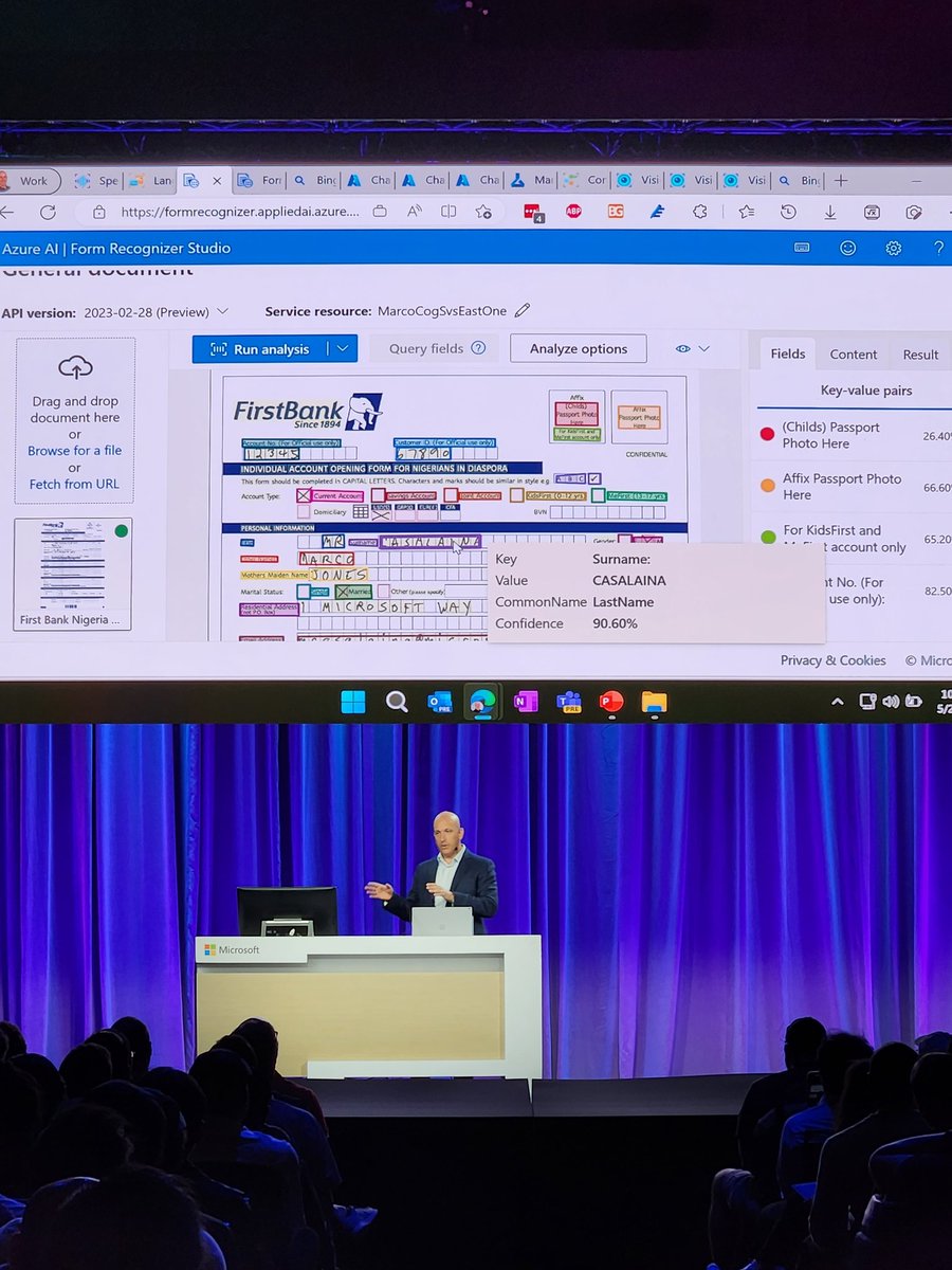 Listening to Marco's talk at #MSBuild.  He's covered some great content on the new Bing, Azure AI Studio, Prompt Flow, summarization, Forms Recognizer, Cognitive Search to ground in your own data, Azure Content Safety, dense captioning, video summarization &amp; locating frames...
