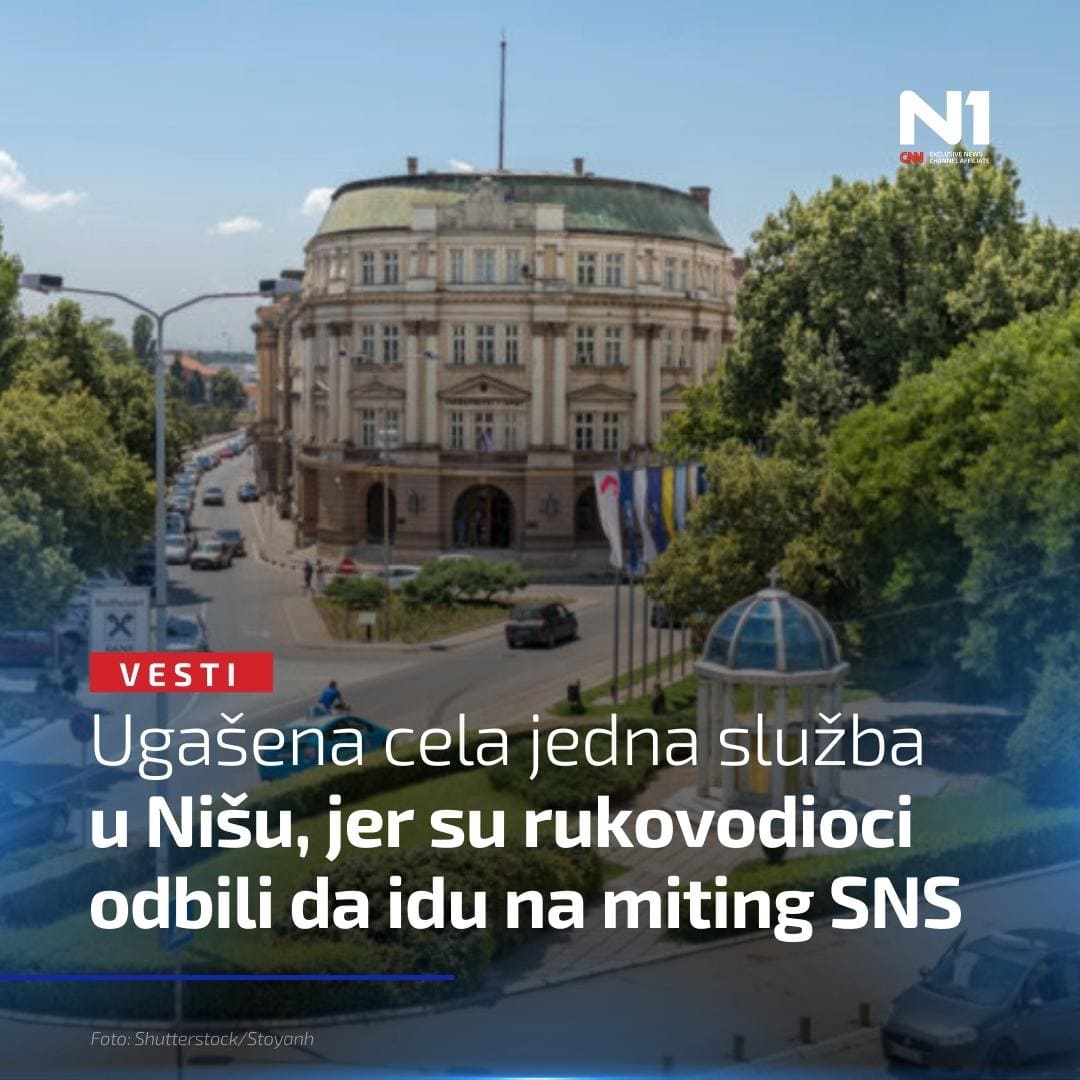 n1srbija's tweet photo. Više od 20 zaposlenih u službi Grada Niša za informatičko-komunikacione tehnologije prebačeno je na druga radna mesta, a ta stručna služba nakon 26 godina ugašena, jer su rukovodioci odbili da idu na sutrašnji miting koji organizuje vlast. https://t.co/rLR0tBY2eg
