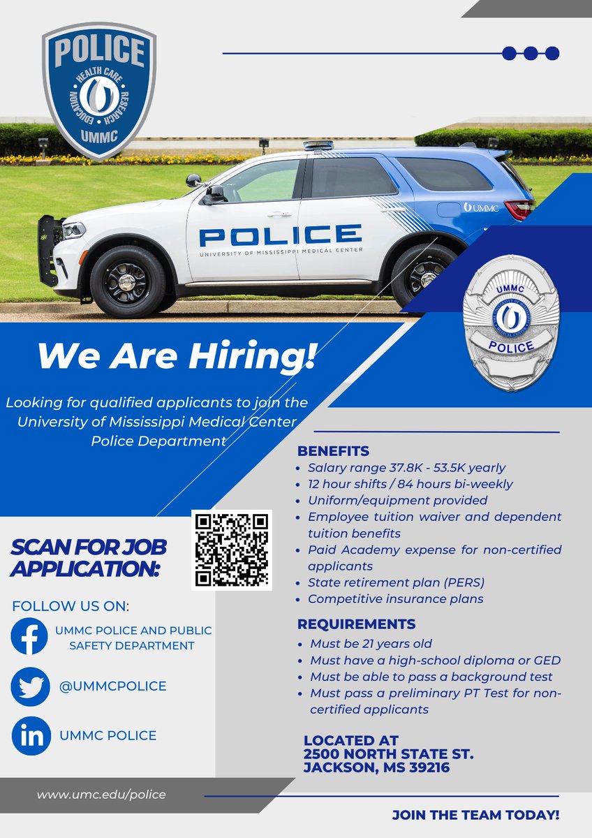 UMMCPolice's tweet photo. 📢 Join our exceptional team and make a difference!  Don't miss this incredible opportunity to grow your career and be part of something extraordinary. Apply now! #JoinOurTeam #CareerOpportunity #NowHiring #UMMCPD https://t.co/XuveAJWofP