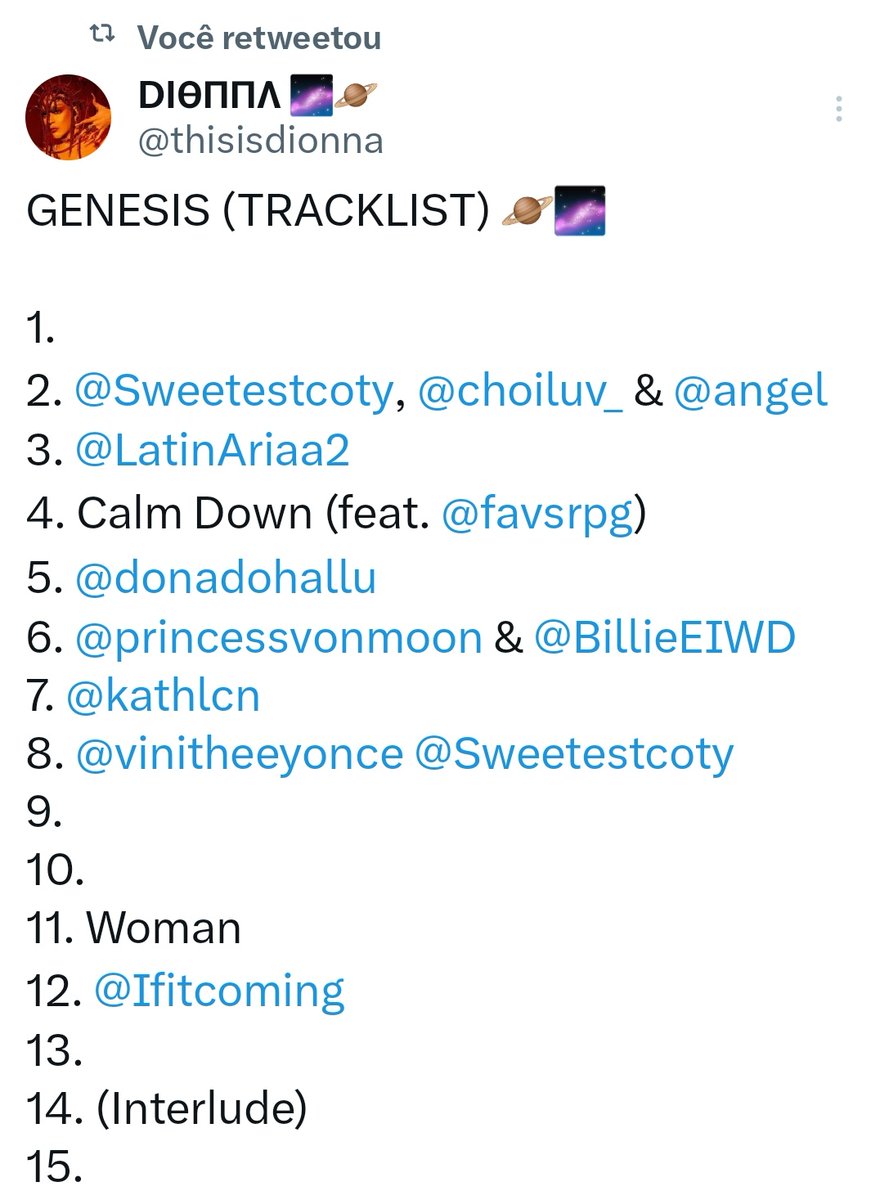 infovonmoon's tweet photo. 2023.05.25 – 🚨 Novo feat

A FILA DO INSS! Dionna revelou a lista de feats presentes no seu novo álbum "Genesis".

Sem título revelado, a canção é uma parceria entre Dionna, Shadow e Billie.

Vale lembrar que ambas as artistas estamos promovendo álbuns com temáticas espaciais. https://t.co/E1W5KOMOva
