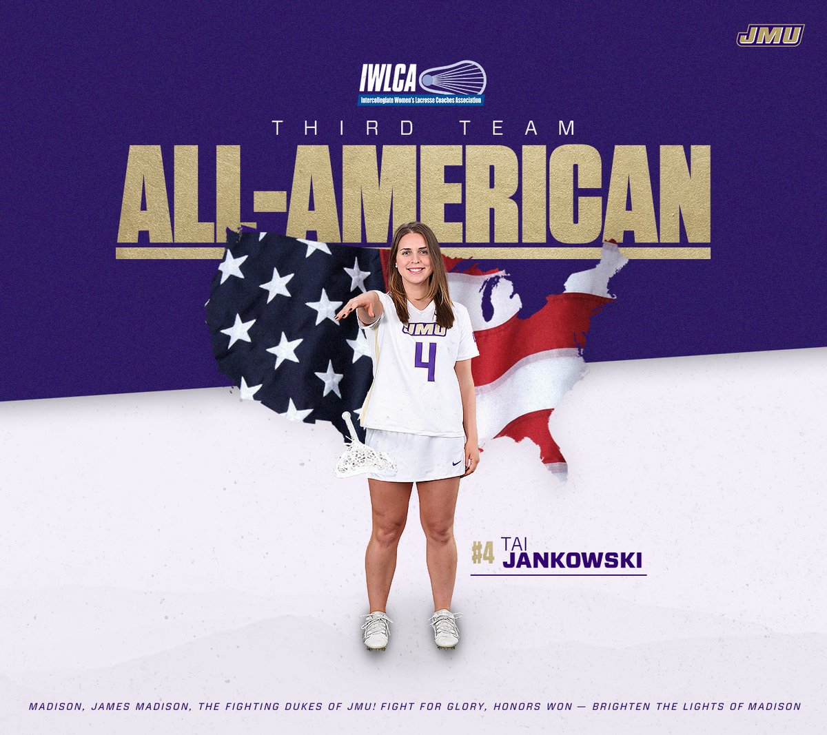 For the fifth time ever in a single season, JMU has 4️⃣ IWLCA All-Americans!

⭐ Mairead Durkin - First Team
⭐ Isabella Peterson - First Team
⭐ Rachel Matey - Third Team
⭐ Tai Jankowski - Third Team

📰 bit.ly/3MAsw8H

#GoDukes