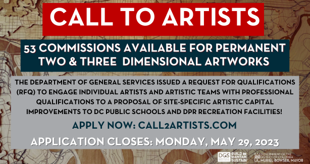 DCDGS's tweet photo. 🚨DEADLINE APPROACHING SOON!🚨 @DCDGS invites ALL artists to apply to 53 Permanent 2 & 3 Dimensional Artworks for @dcpublicschools and @dcdpr facilities!
⏰RFQ Deadline: May 29, 2023
🔗Apply Today: https://t.co/vh9gSWlnZ1
#dcdgs #percentforart #calltoartists #dcarts https://t.co/ElrlMw2cIX