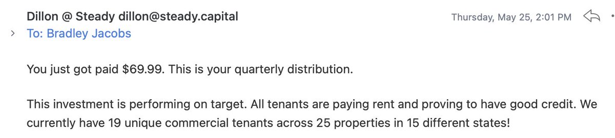 BradleyrJacobs's tweet photo. I take any leftover cash and invest it across asset classes. 

One always "hard to reach" class has been commercial real estate. Until I found Steady. 

Where I can invest as little as $100 and get access to these huge deals. And now I'm getting dividends! Check them out they're like Robinhood for Commercial Real Estate https://t.co/8Txz5SNkcx