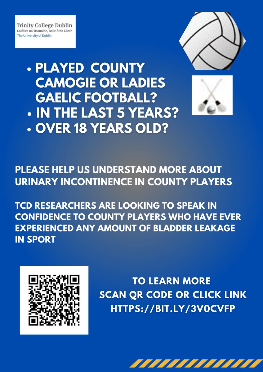 📢Played County Camogie or Ladies Gaelic Football within the last 5 years? Experience urine leakage during your time playing county? Over 18? TCD researchers would like to talk to players. See link for info: bit.ly/3V0cvfp Please RT Thanks