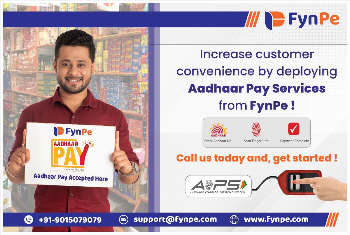 Offer,  easy, safe and reliable way to accept payments from your customers by deploying Aadhaar Pay Services from FynPe!
#AadhaarPay
#DigitalPayments
#CashlessTransactions
#FinancialInclusion
#MobilePayments
#BiometricPayments
#SecurePayments
#GovernmentServices