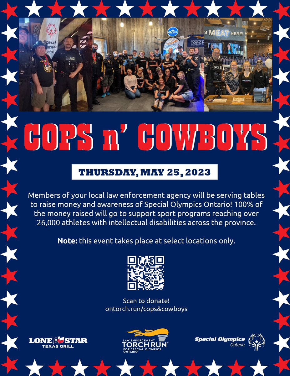 Lunch may be over but it’s not too late for dinner plans, especially if you’re craving some fajitas. <a href="/lonestartxgrill/">Lone Star Texas Grill</a> is once again hosting Cops N’ Cowboys and using <a href="/KingstonPolice/">Kingston Police</a>, <a href="/RCMPONT/">RCMP in Ontario</a>, and CBSA officers as servers, where all “tips” are donations to <a href="/SOOntario/">Special Olympics Ontario</a>.