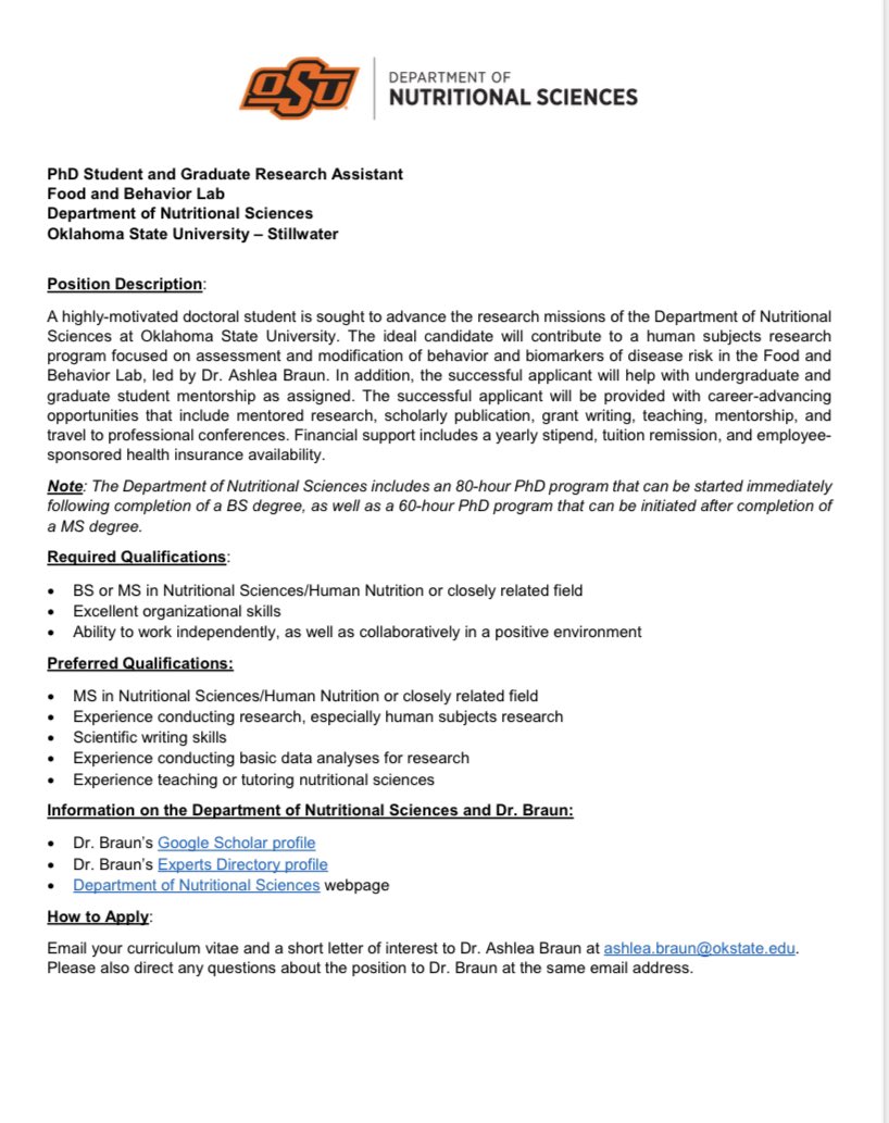 Ashlea Braun, PhD, RD (@ashleab_rd) on Twitter photo Funded PhD position open at <a href="/okstate/">Oklahoma State Univ.</a> in the Dept of Nutritional Sciences focused on dietary fiber, behavior, & obesity, pls retweet!
Collaborative environment w/ opportunities for publication, presentation, & mentorship. <a href="/AcademicChatter/">Academic Chatter™</a> <a href="/nutritionorg/">American Society for Nutrition</a> <a href="/eatrightPRO/">eatrightPRO</a> <a href="/SNEBonline/">SNEB</a> Funded PhD position open at <a href="/okstate/">Oklahoma State Univ.</a> in the Dept of Nutritional Sciences focused on dietary fiber, behavior, & obesity, pls retweet!
Collaborative environment w/ opportunities for publication, presentation, & mentorship. <a href="/AcademicChatter/">Academic Chatter™</a> <a href="/nutritionorg/">American Society for Nutrition</a> <a href="/eatrightPRO/">eatrightPRO</a> <a href="/SNEBonline/">SNEB</a>