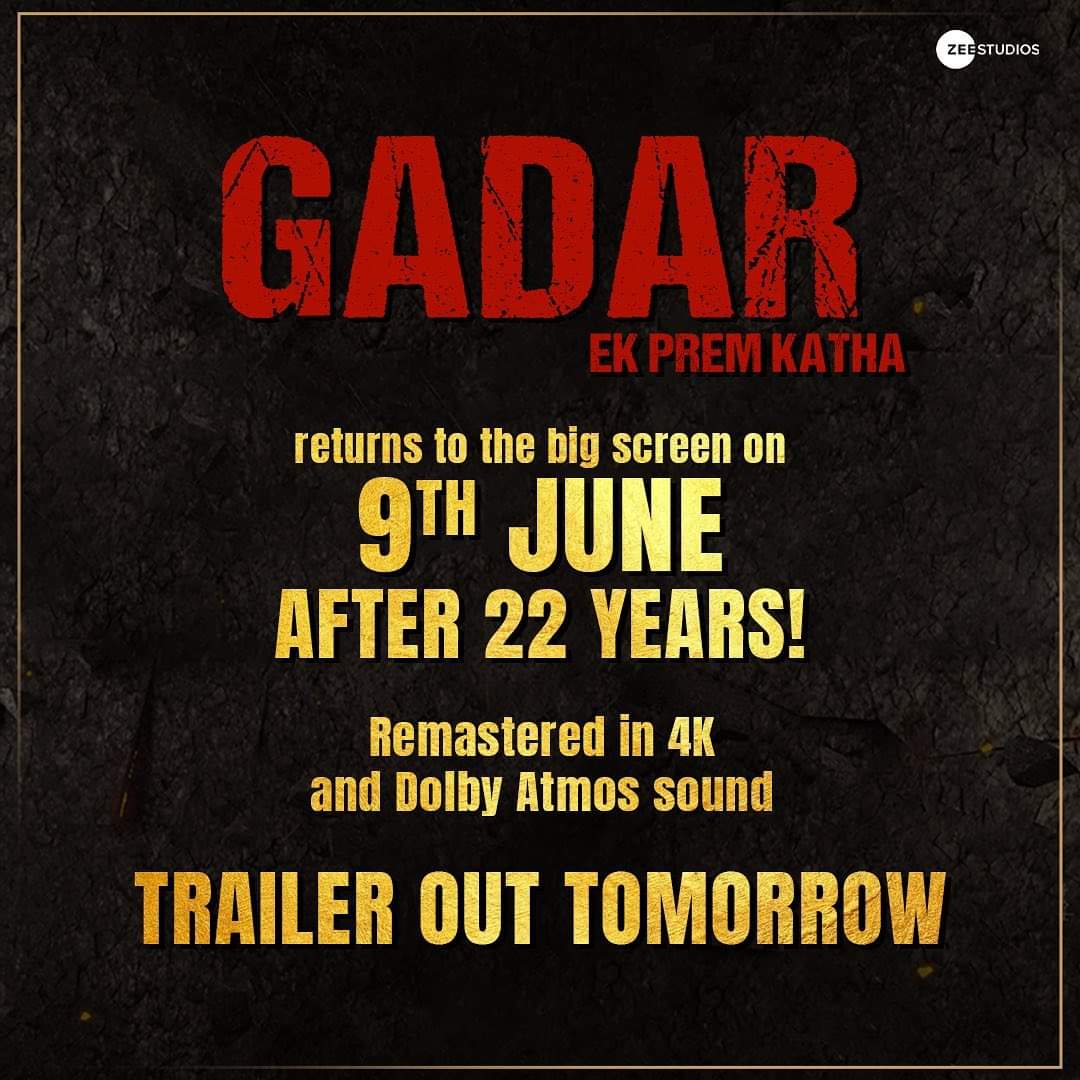 Wohi prem, wohi katha, par iss baar alag hoga ehsaas!💫😍

#Gadar returns to the big screen on 9th June for a limited period in 4K and Dolby Atmos sound.🎞️

Stay tuned, trailer out tomorrow! #Shaktimaan #uttamsingh #anandbakshi #nitinkeni #amrishpuri #vivekshauq #qadrisir