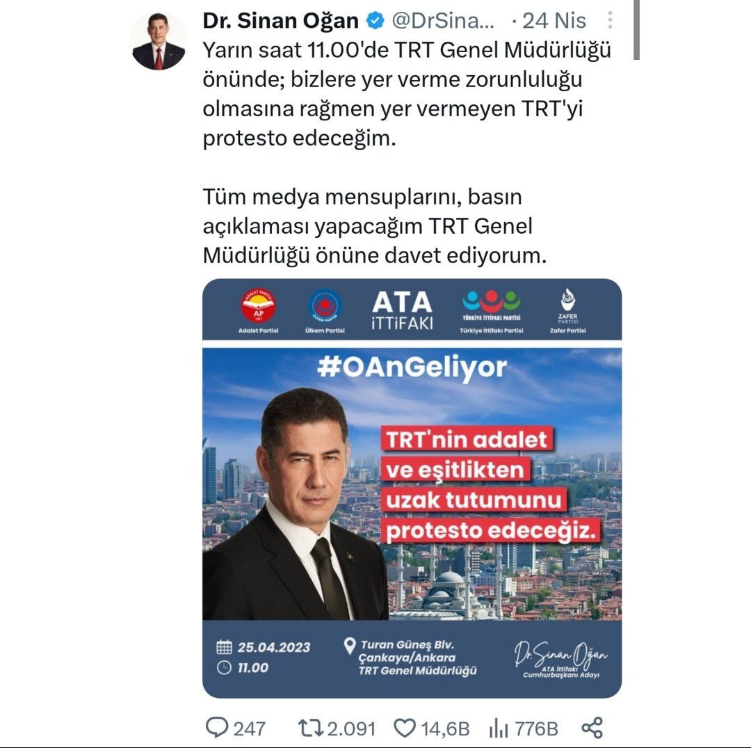 skoc79's tweet photo. @DrSinanOgan @trthaber @cimenfatih_ Süleyman Demirel’in bir sözü vardı: Siyasette 24 saat çok uzun bir zamandır Ooo TRT ambargon bitmiş Sinan Oğan’cığım. Bakalım TRT Haber’de neler anlatacaksın!.. 🤸🏾‍♂️ #28mayıs2023 #28MAYIS #Secim28Mayıs https://t.co/rKBDbWsa0T
