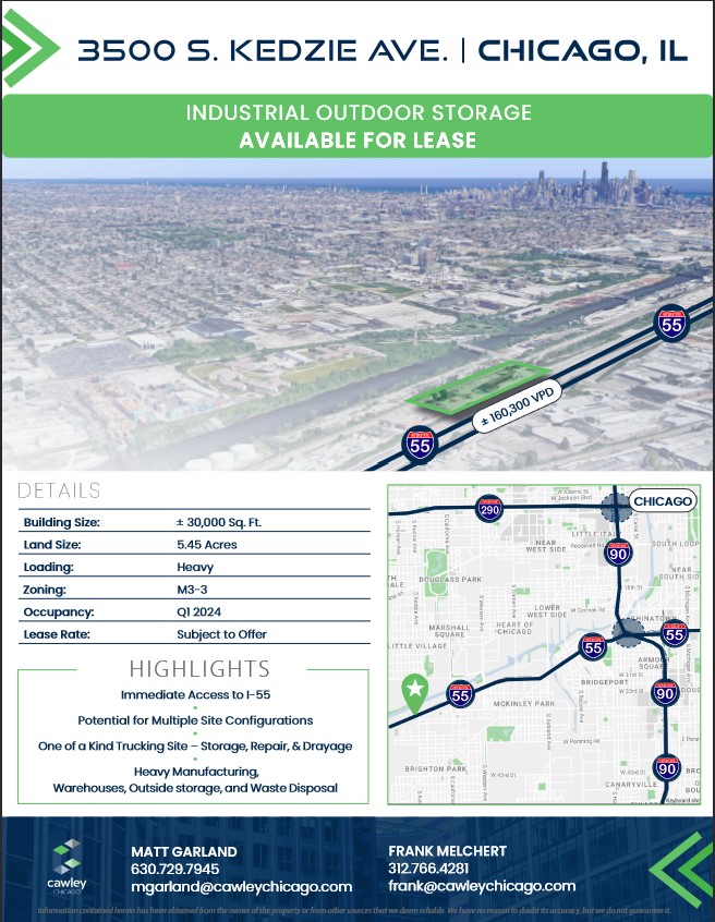 New 5.45 acre outdoor storage site for lease with heavy loading at Kedzie & I-55 minutes from downtown Chicago and multiple rail yards.  

#chicagorealestate #industrialrealestate #industrialproperty #IOS #ISF #IndustrialStorage