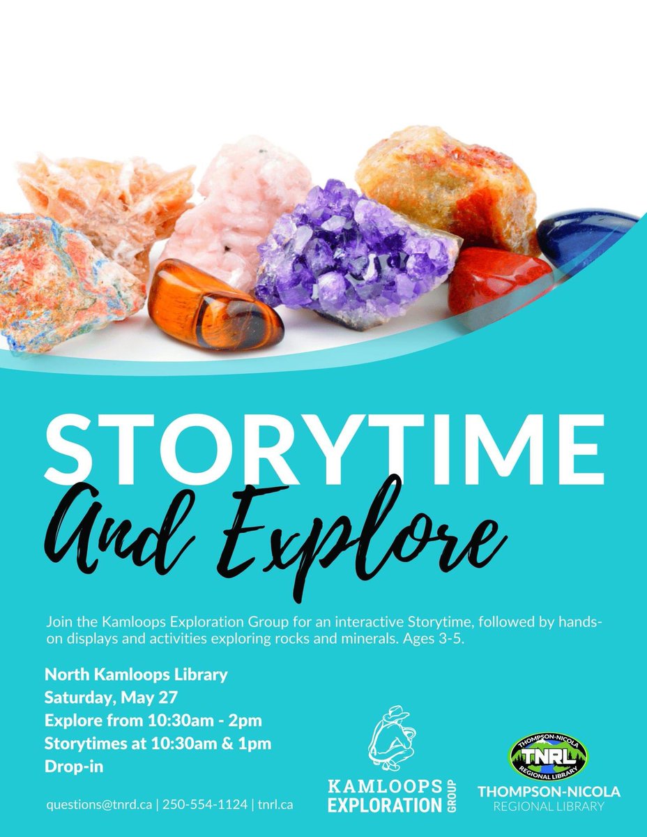 THIS SATURDAY!!!!
Join the Kamloops Exploration Group for an interactive Storytime, followed by hands-on displays and activities exploring rocks and minerals!
Saturday, May 27th at the Thompson-Nicola Regional Library  
#BCMiningMonth #MiningMonth