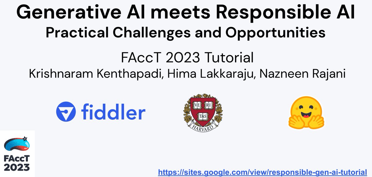 Krishnaram Kenthapadi (@kkenthapadi) on Twitter photo Attending <a href="/FAccTConference/">ACM FAccT</a>? Please join our tutorial, "Generative AI meets Responsible AI" on Tue, June 13 (w/ <a href="/hima_lakkaraju/">𝙷𝚒𝚖𝚊 𝙻𝚊𝚔𝚔𝚊𝚛𝚊𝚓𝚞</a> <a href="/nazneenrajani/">Nazneen Rajani</a>): sites.google.com/view/responsib…
#GenerativeAI #LLM #ResponsibleAI #LLMOps #RobustML #FairML #AIObservability #AIGovernance #AISafety #FAccT2023 Attending <a href="/FAccTConference/">ACM FAccT</a>? Please join our tutorial, "Generative AI meets Responsible AI" on Tue, June 13 (w/ <a href="/hima_lakkaraju/">𝙷𝚒𝚖𝚊 𝙻𝚊𝚔𝚔𝚊𝚛𝚊𝚓𝚞</a> <a href="/nazneenrajani/">Nazneen Rajani</a>): sites.google.com/view/responsib…
#GenerativeAI #LLM #ResponsibleAI #LLMOps #RobustML #FairML #AIObservability #AIGovernance #AISafety #FAccT2023